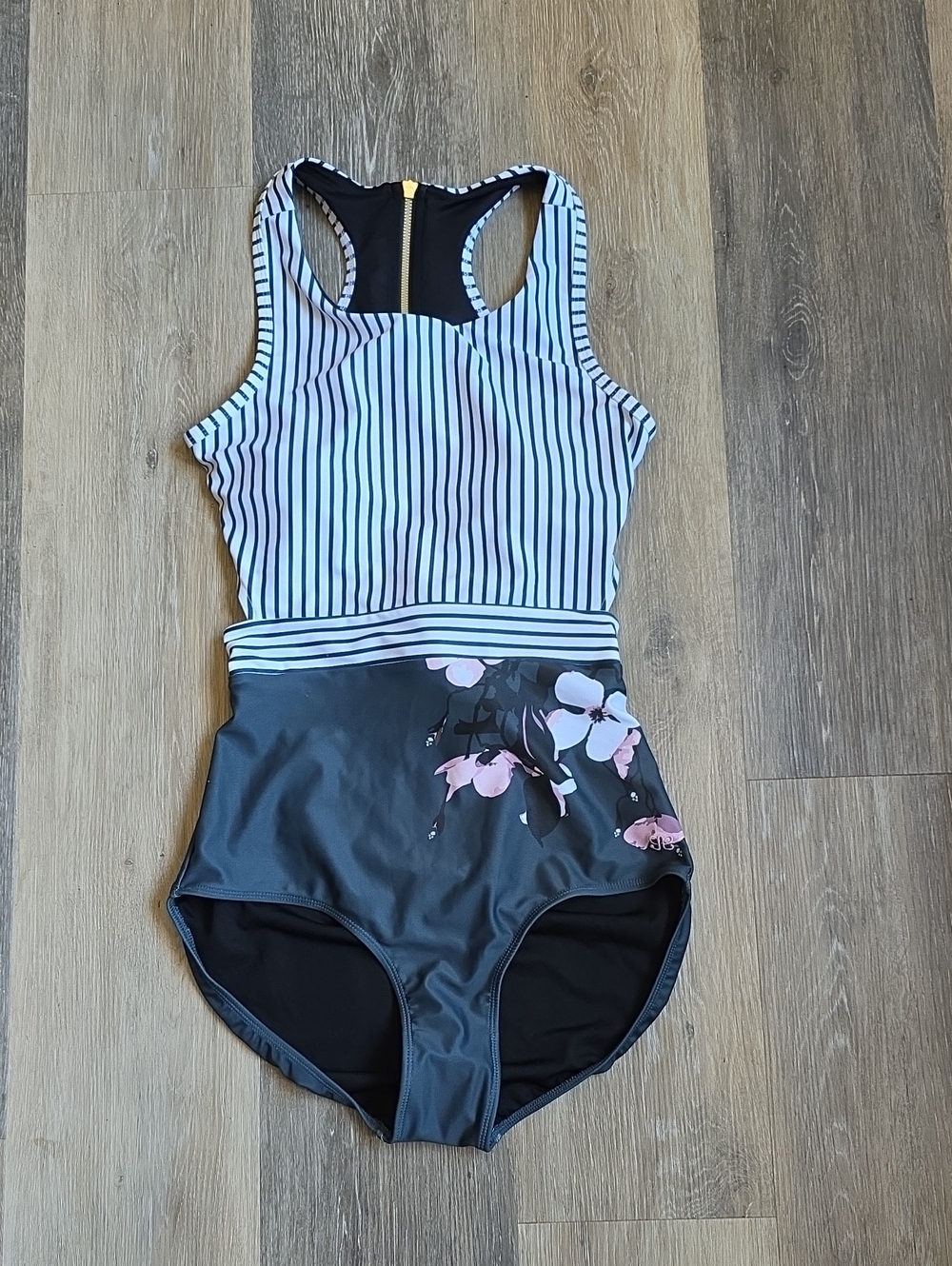 Albion Never Wore Gray Striped & Pink Floral One-Piece Swimsuit